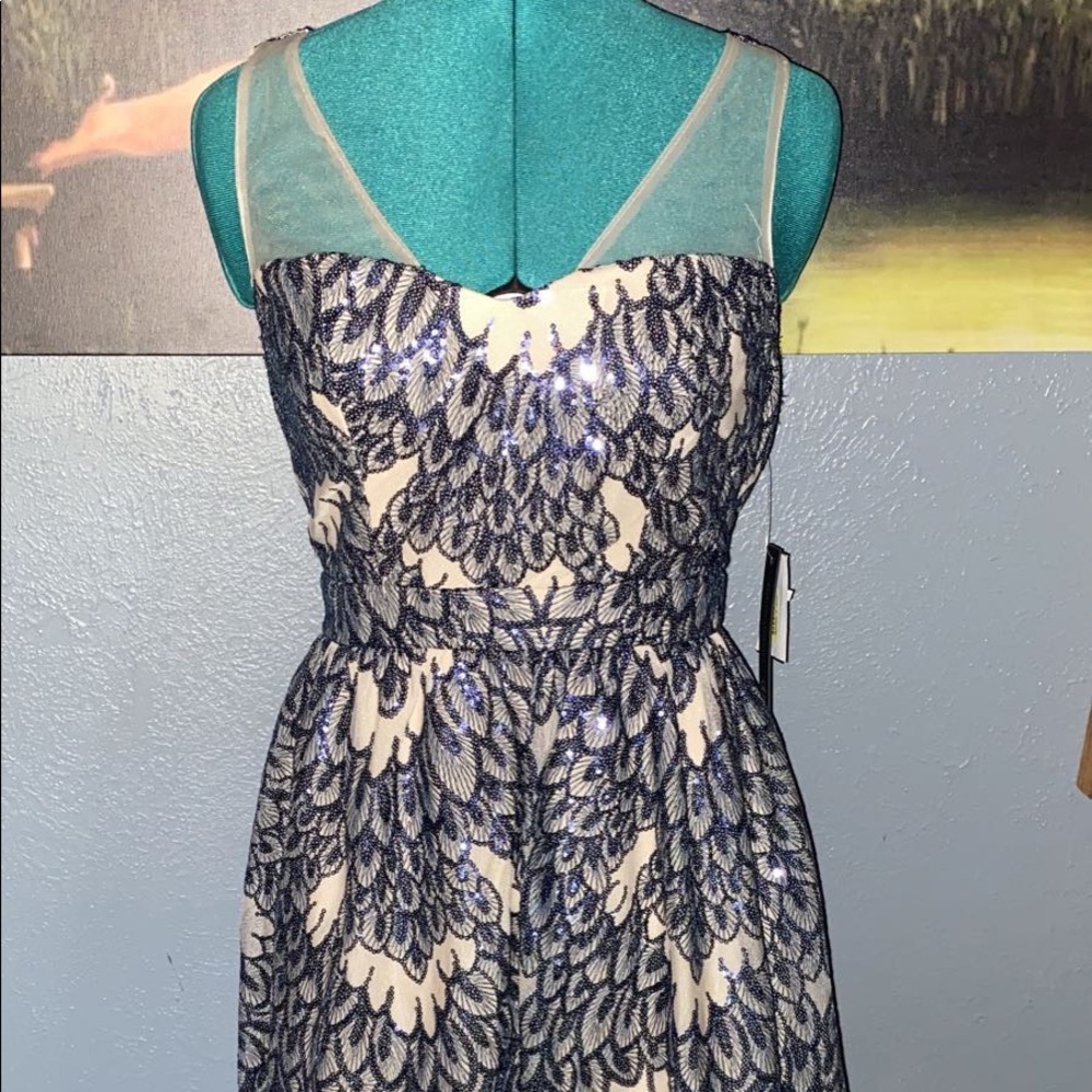 As U Wish Blue Feather/Leaf Sleeveless Dress